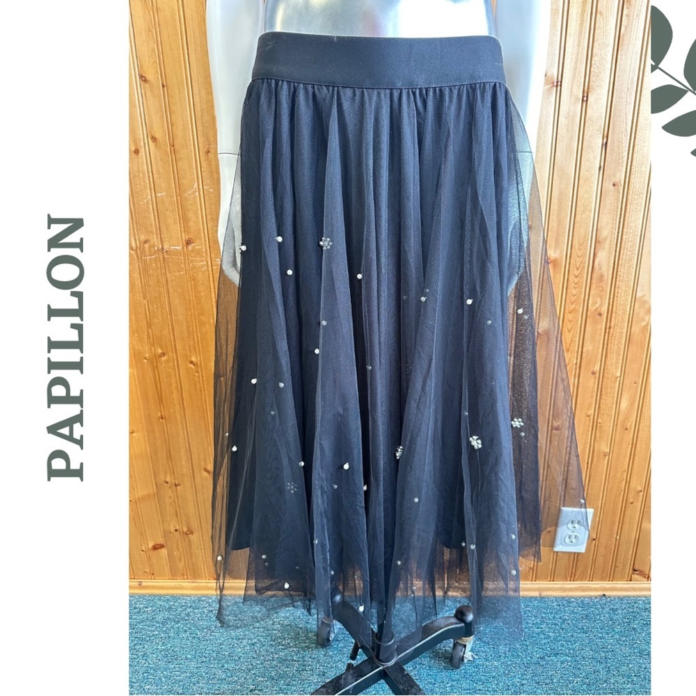 Papillon Beaded Layered Tulle Skirt Black Elastic Waist Lined Sheer Size Medium